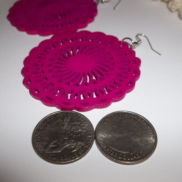 Big Earrings Fuchsia Magenta Pink Wooden Circle Statement Jewelry Drop Set C698 - Picture 4 of 4